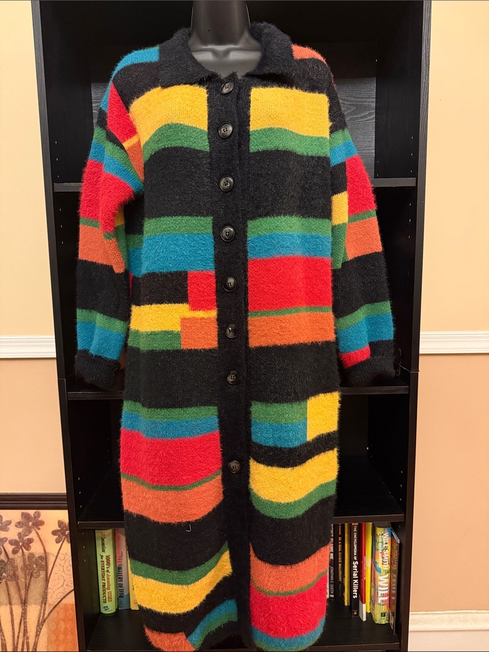 Black Multi-Stripe Long Button-Up Cardigan